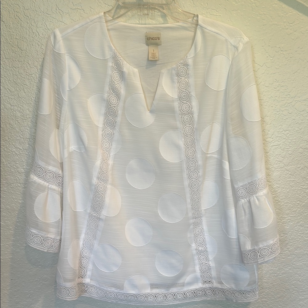 Chico's White Blouse with Cuffed Sleeves and Mandarin Collar